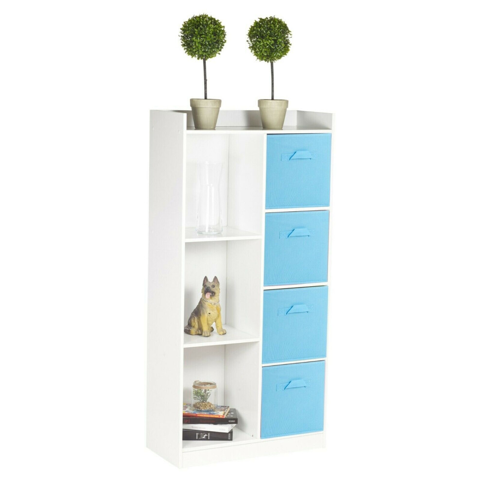 (White, Light Blue) Bookcase with Fabric Drawers | 7 Cube Wooden Unit