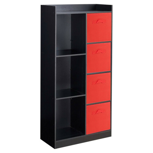 URBN Living (Black, Red) Bookcase with Fabric Drawers | 7 Cube Wooden Unit