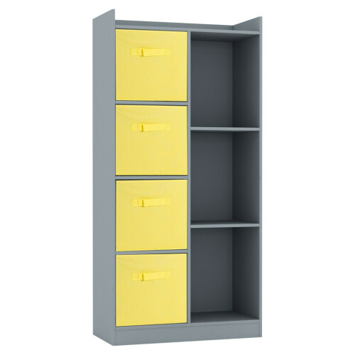 URBN Living (Grey, Yellow) Bookcase with Fabric Drawers | 7 Cube Wooden Unit