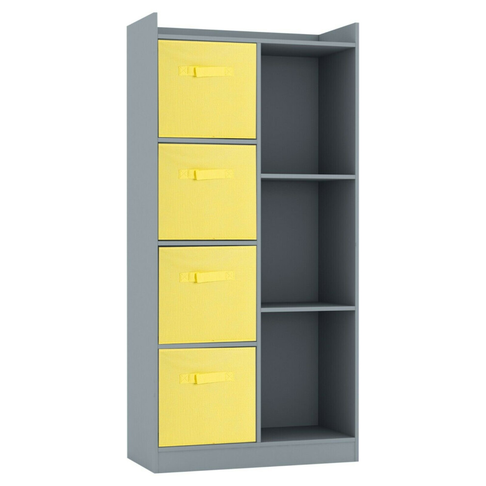 (Grey, Yellow) Bookcase with Fabric Drawers | 7 Cube Wooden Unit