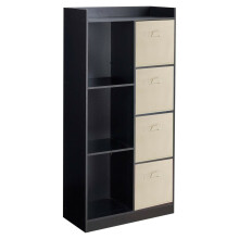 (Black, Beige) Bookcase with Fabric Drawers | 7 Cube Wooden Unit
