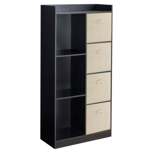 URBN Living (Black, Beige) Bookcase with Fabric Drawers | 7 Cube Wooden Unit