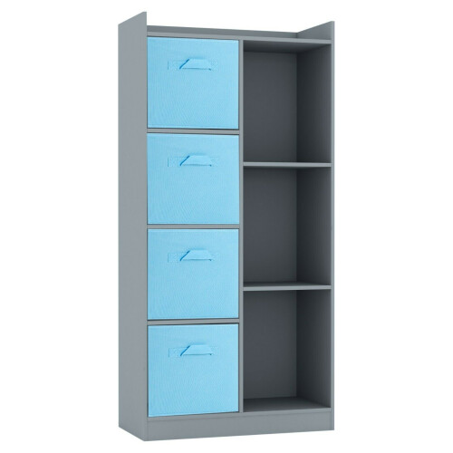 URBN Living (Grey, Light Blue) Bookcase with Fabric Drawers | 7 Cube Wooden Unit