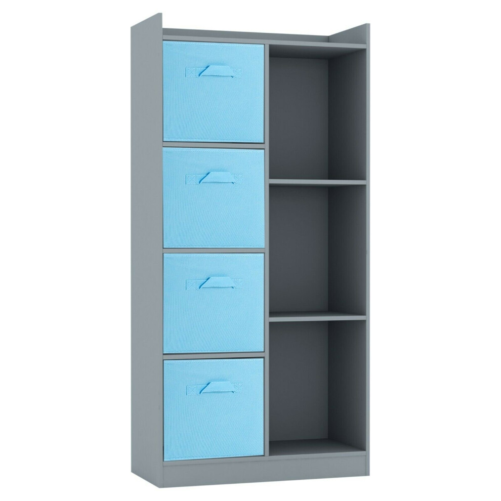 (Grey, Light Blue) Bookcase with Fabric Drawers | 7 Cube Wooden Unit