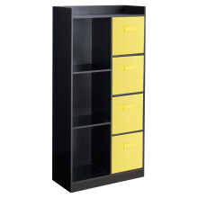 (Black, Yellow) Bookcase with Fabric Drawers | 7 Cube Wooden Unit