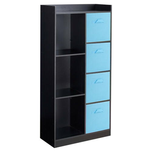 URBN Living (Black, Light Blue) Bookcase with Fabric Drawers | 7 Cube Wooden Unit