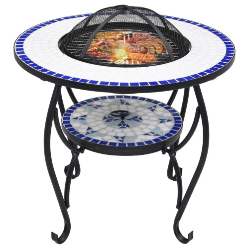 VidaXL vidaXL Mosaic Fire Pit Table Blue and White Ceramic Barbecue BBQ Fireplace 1