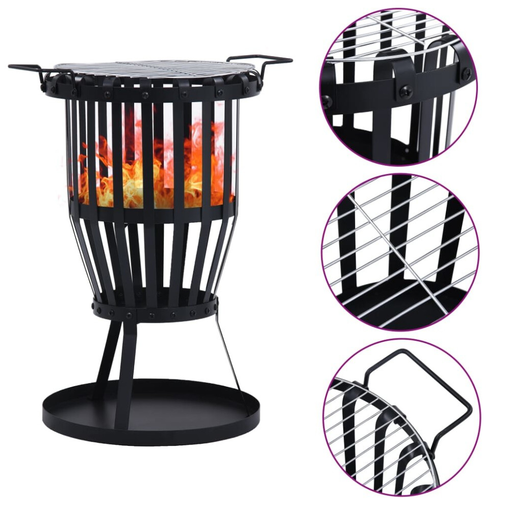 vidaXL Garden Fire Pit Basket with BBQ Grill Steel Fireplace Fire Bowl Pit