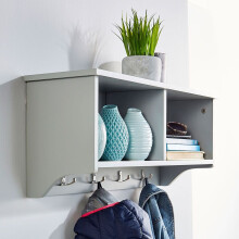 Modern Light Grey Wall-Mounted Shelf With Coat Hooks