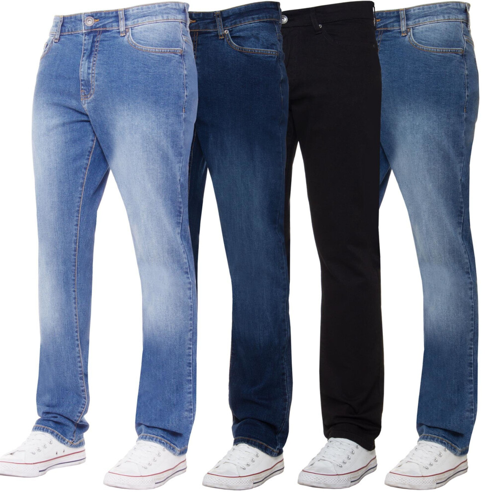 (38W / 32L, Black) Kruze Mens Straight Leg Stretch Jeans Regular Fit  Denim Pants