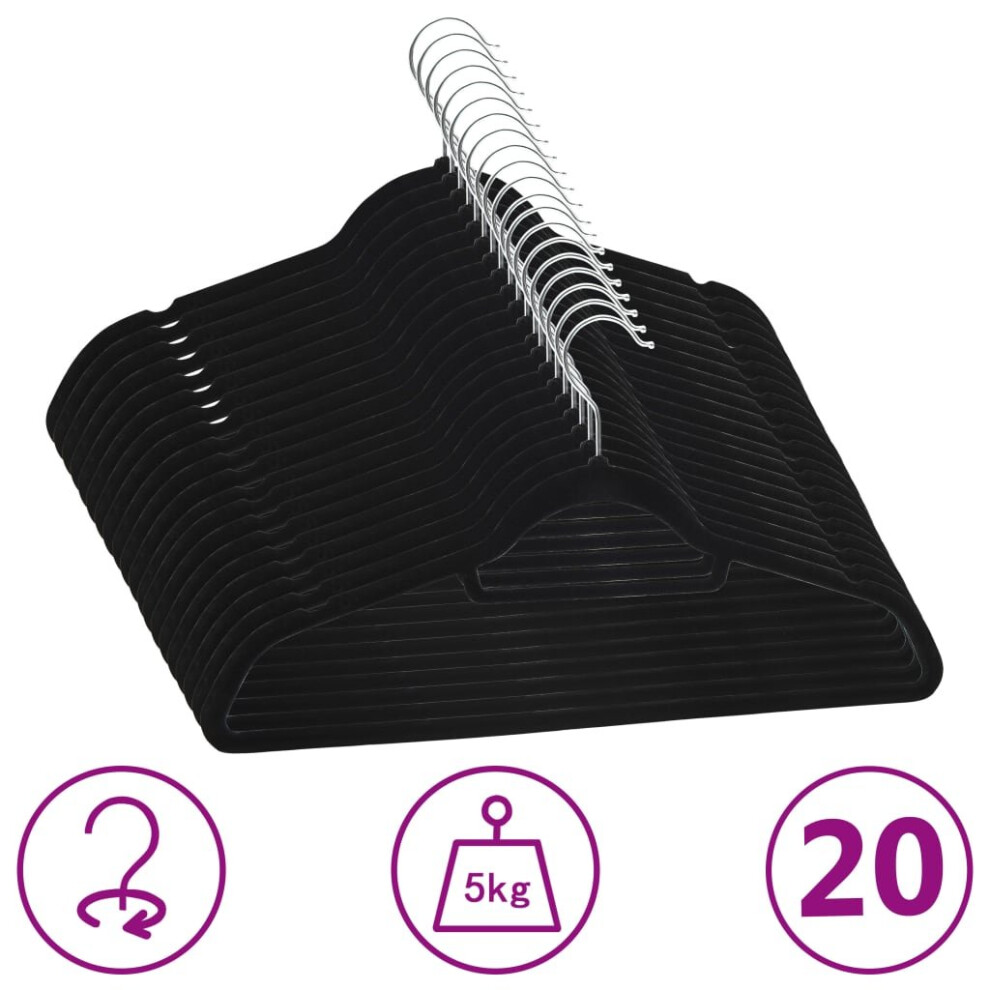 Black Vidaxl 20X Clothes Hanger Set Anti-Slip Velvet Clothes Organiser Rack