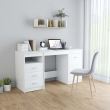 vidaXL White Engineered Wood Desk with Cabinet - 140x50x76 cm Workstation, 3 Drawers & 1 Door