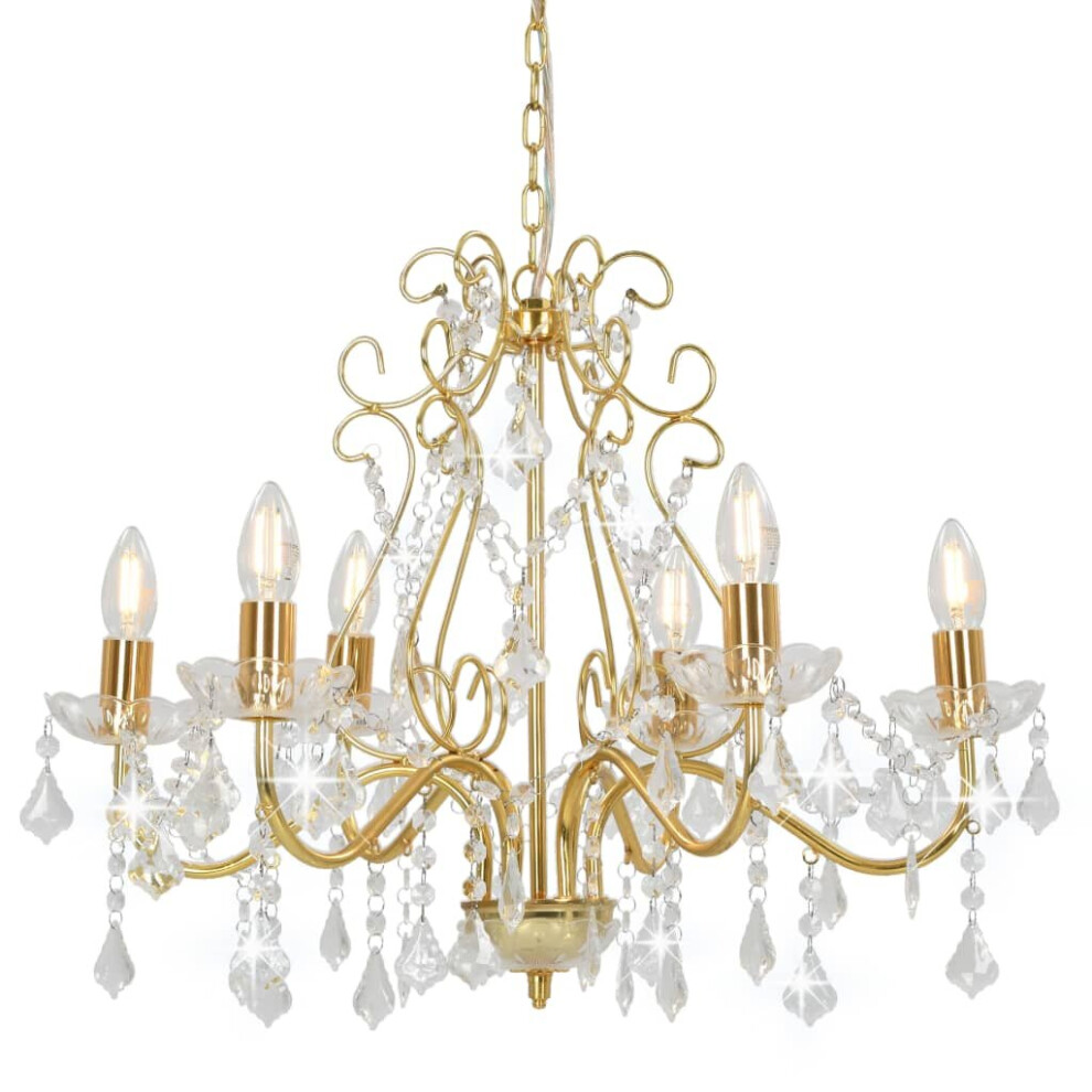 vidaXL Chandelier with Crystal Beads Golden Round 6xE14 Living Room Lamp Light