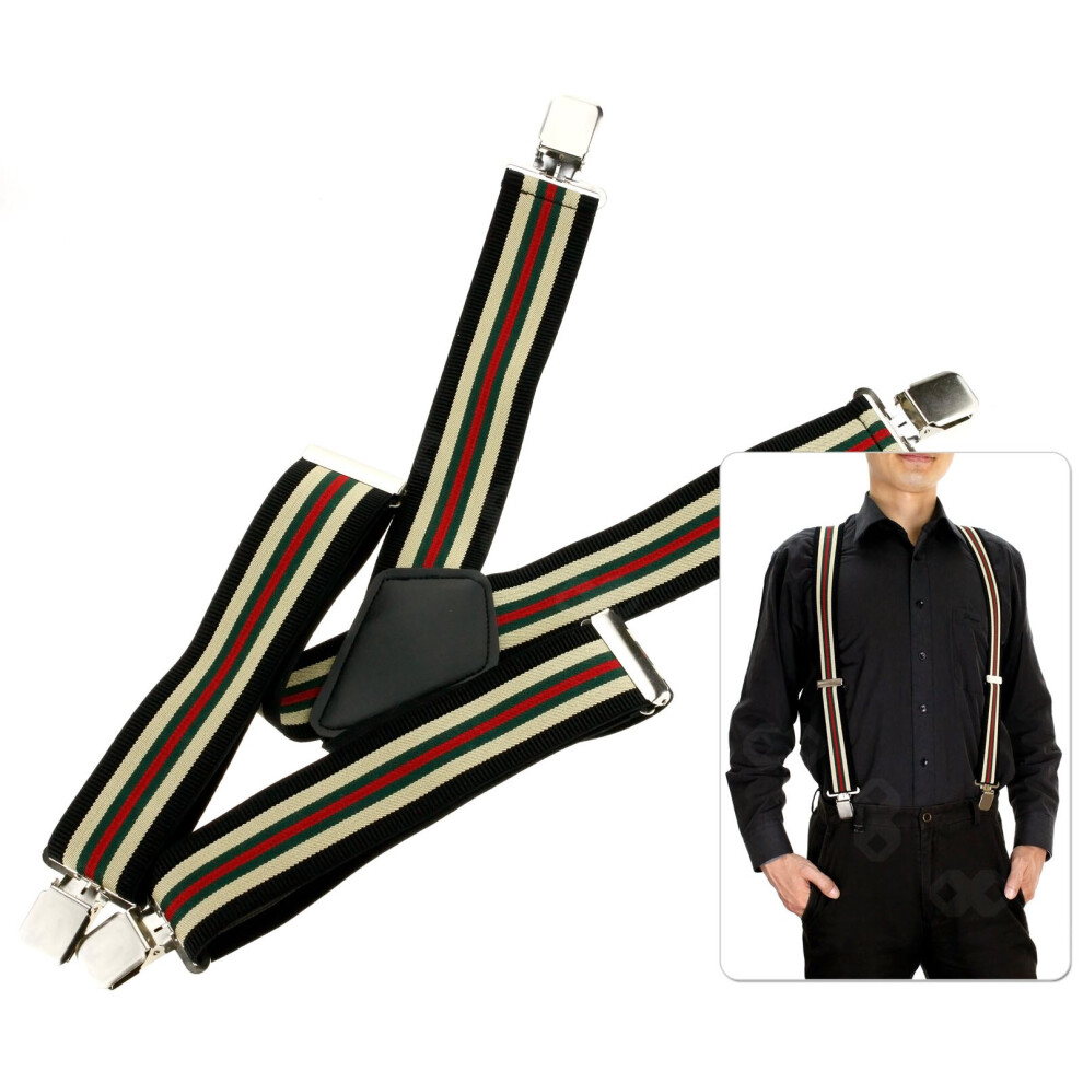 Stripe Extra Wide Adjustable Elastic Mens Suspenders Clip On Trouser Brace