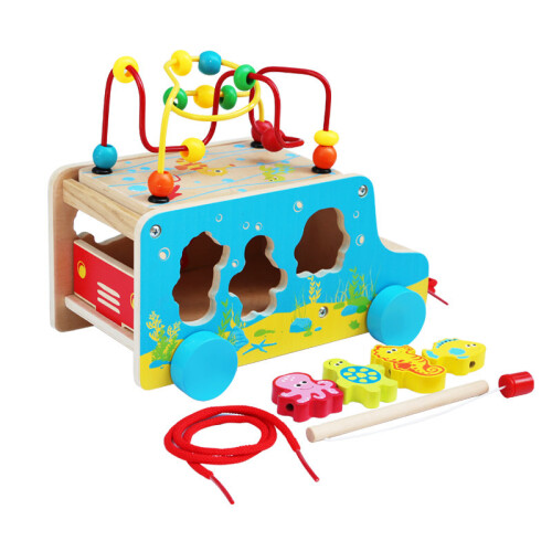 Pull Along Car | Wooden Marine Themed Shape Sort Bead Maze Toy 1