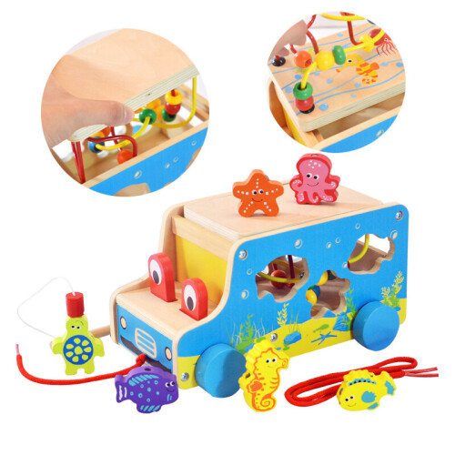 Pull Along Car | Wooden Marine Themed Shape Sort Bead Maze Toy 2