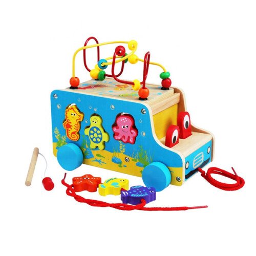 Pull Along Car | Wooden Marine Themed Shape Sort Bead Maze Toy