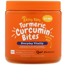 Zesty Paws, Turmér Kúrcumin Bites‚Ñ a Kutyák számára, Multifunkcionális, Minden Korosztály, Bacon, 90 Puhatestű, 11,1 oz (315 g)