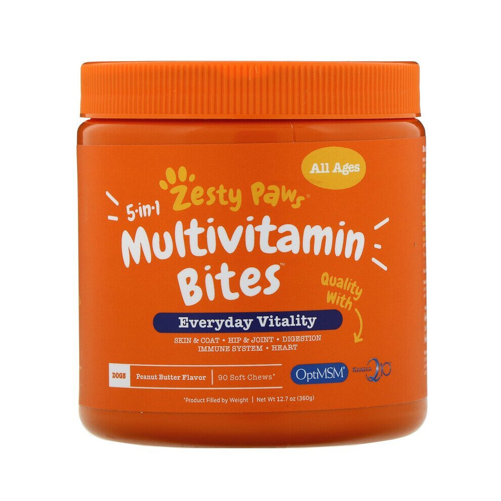 Zesty Paws, 90 5-in-1 Multivitamin Bites for Dogs, Peanut Butter