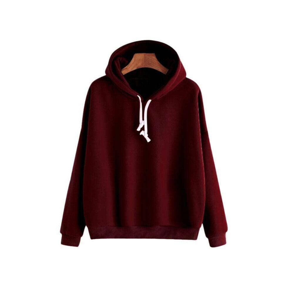 (Size 10, Wine Red) Womens Plain Long Leeve Hooded Sweatshirt Casual Hoodies Tops Jumper Pullover