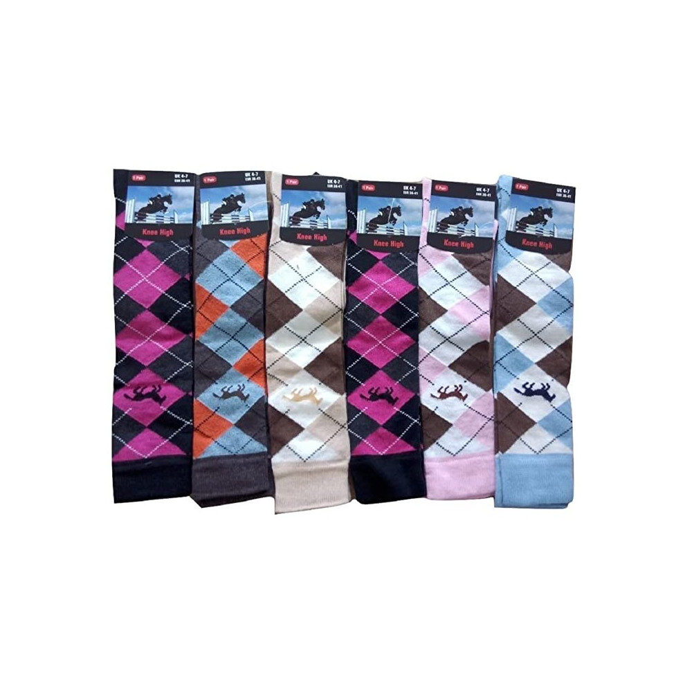 6 Pairs Ladies knee High Horse Design Cotton Rich Socks Argyle Pattern 4-7