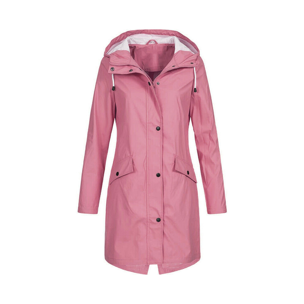 (Pink, L = UK 12) Plus Size Women Hooded Wind Jacket Outdoor Hoodies Long Rain Coat Windbreaker