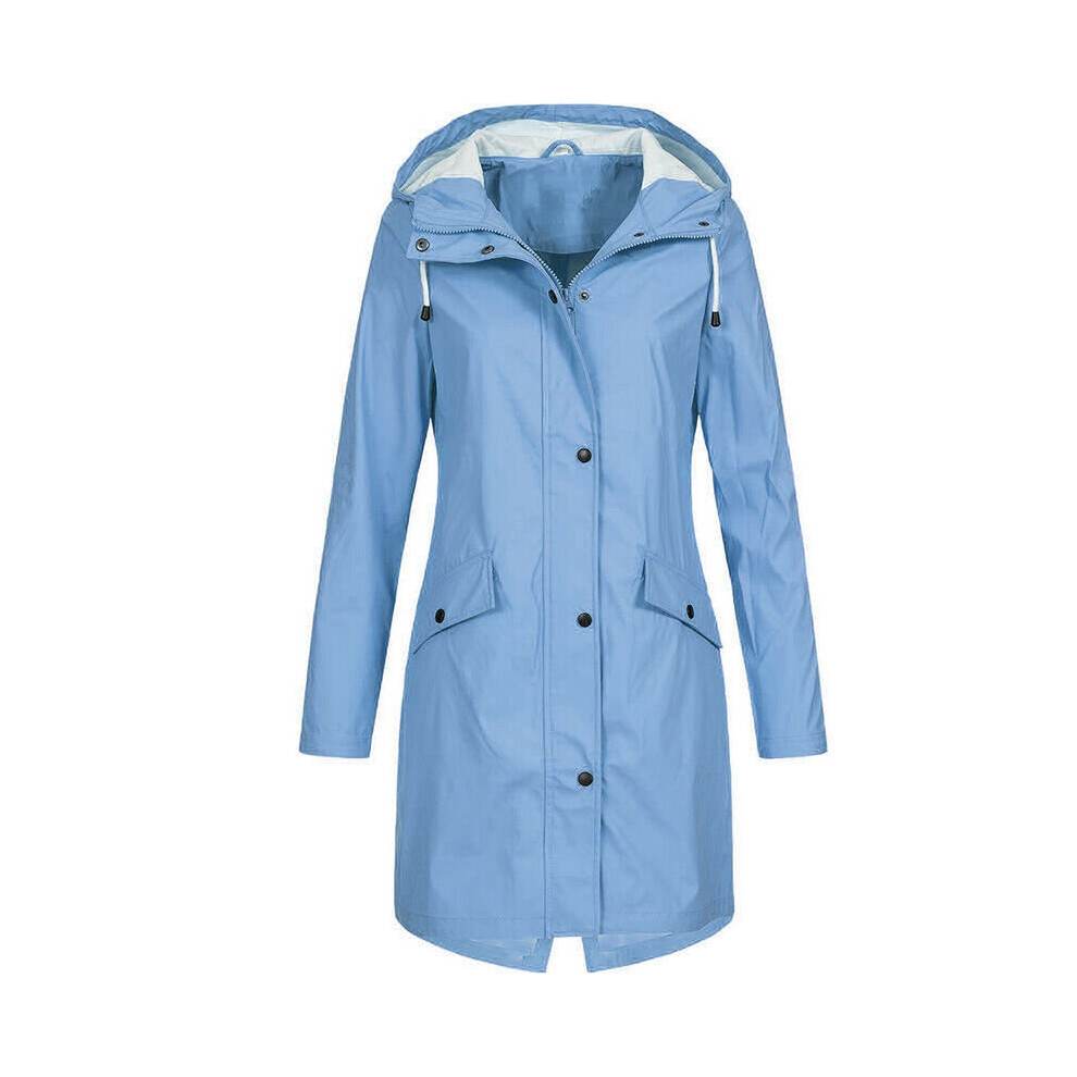 (Blue, L = UK 12) Plus Size Women Hooded Wind Jacket Outdoor Hoodies Long Rain Coat Windbreaker