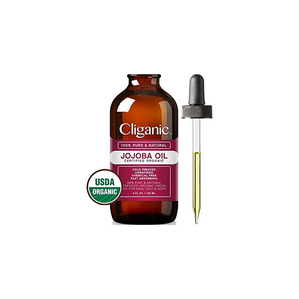 Cliganic Certified Organic Jojoba Oil 120Ml | 100% Pure Natural Cold Pressed Unrefined, Hexane Free Carrier Oil | For Hair Face & Nails | 90 Days Wa