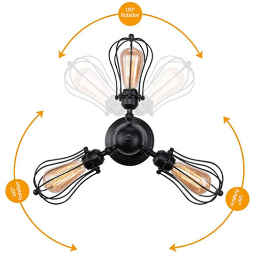 (Black) Industrial Ceiling Lights Chandeliers Semi-Flush Mount Wall Ceiling Lamp Adjustable Socket 2