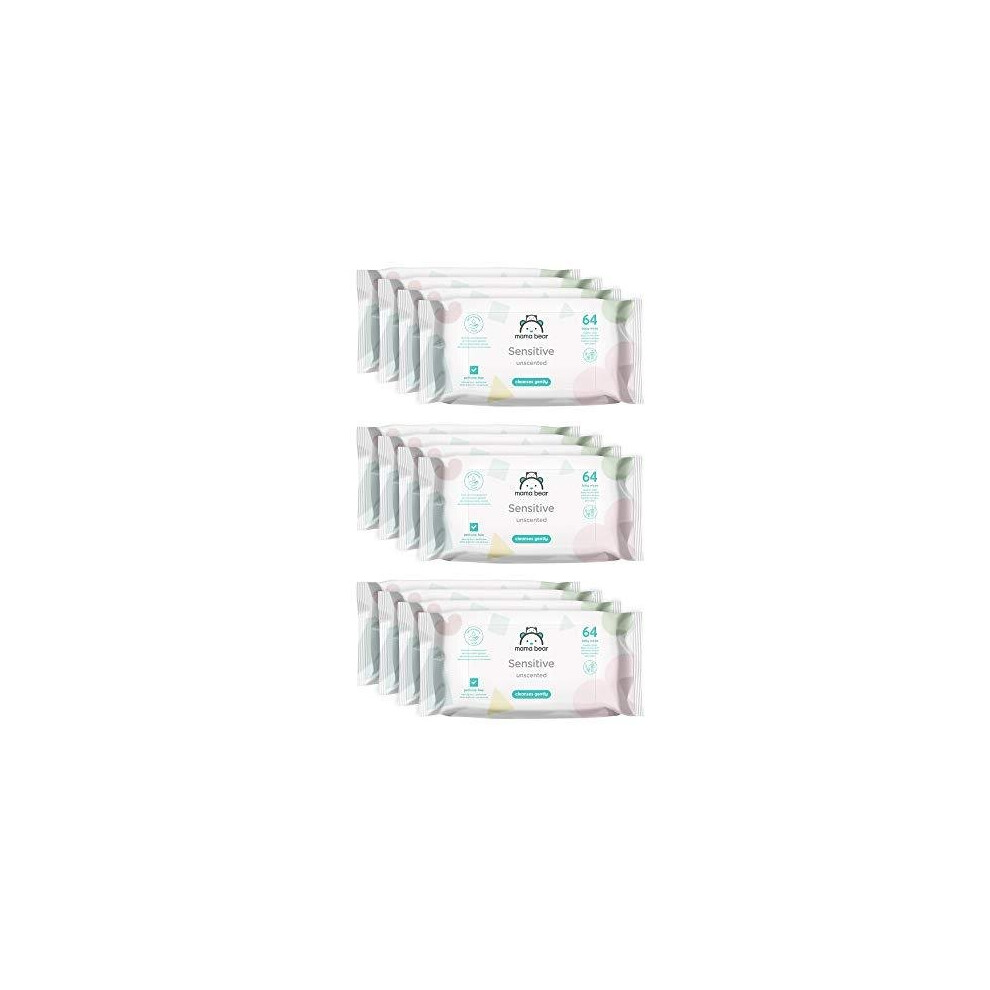 Mama Bear Sensitive Unscented Baby Wipes, Suitable for Sensitive Skin - Pack of 12 (Total 768 Wipes)