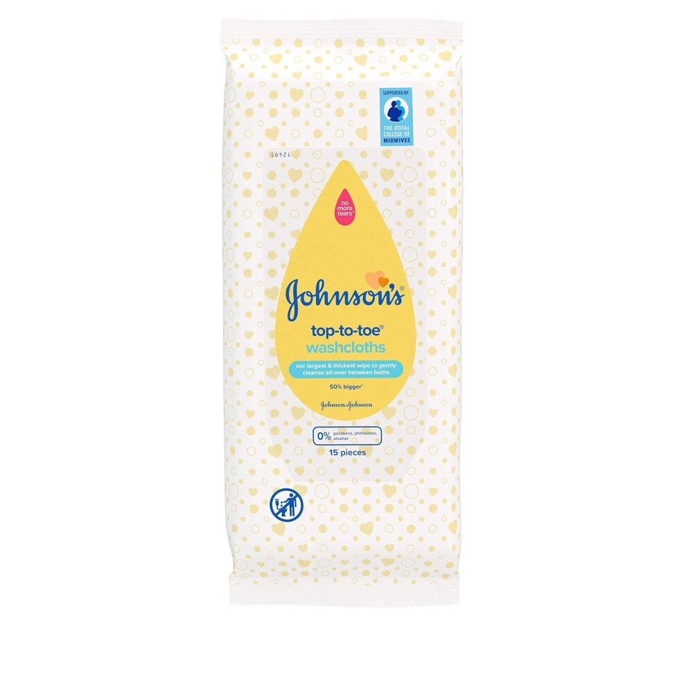 JOHNSON'S Baby Top-To-Toe Washcloths 15 pieces - Pre-moistened washcloths for sensitive skin