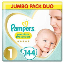 Pampers Premium Protection Softest Comfort Nappies Jumbo Pack Approved by British Skin Foundation, Size 1, Pack of 2 (72 x 2)