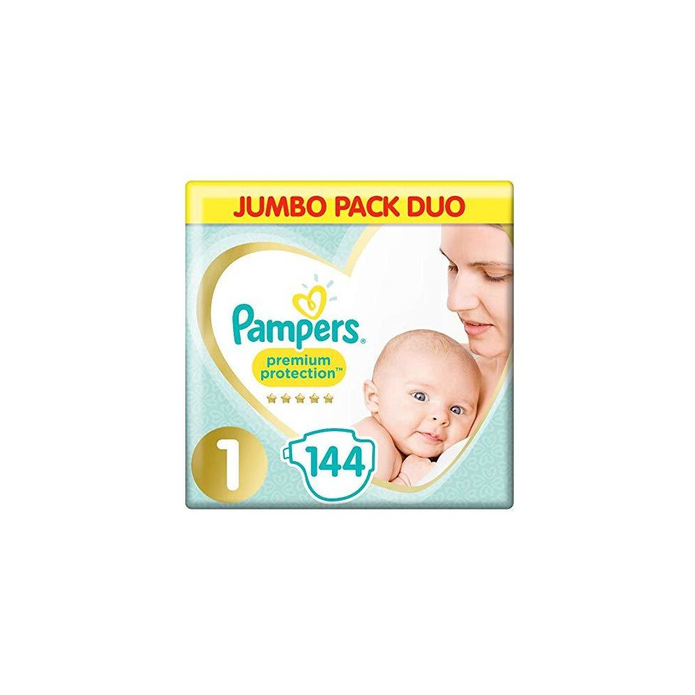 Pampers Premium Protection Softest Comfort Nappies Jumbo Pack Approved by British Skin Foundation, Size 1, Pack of 2 (72 x 2)