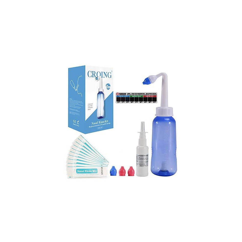Croing - 40 X Salt +1X Sinus Rinse Bottle (300Ml) +1 X Thermometer Sticker+ 1 X Nasal Spray Bottle (50Ml), Nasal Rinse Kit,Neti Pot, Nose Wash, Nasa
