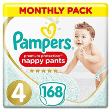 Pampers Premium Protection Nappy Pants Size 4 (9-15 kg) 168 Nappy Pants - Monthly Saving Pack, Gentlest Touch On Skin, Easy-On Fit (EAN 8001841105338)