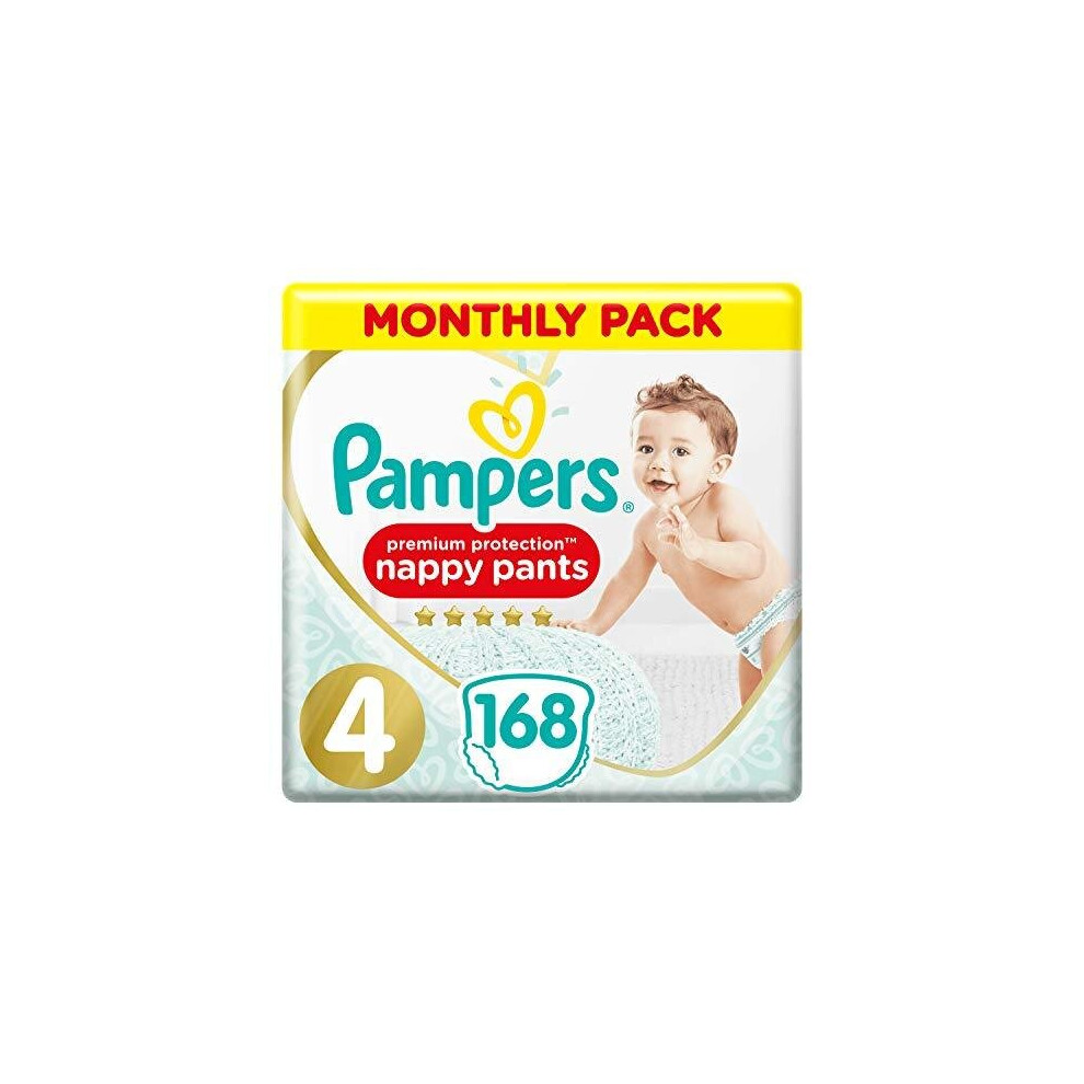 Pampers Premium Protection Nappy Pants Size 4, 168 Nappy Pants, 9-15 kg, Monthly Saving Pack, Gentlest Touch On Skin In Easy-On Nappy Pants