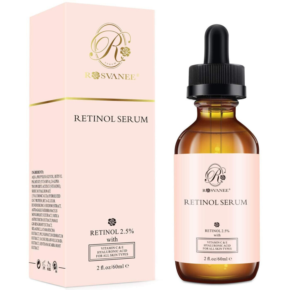 ROSVANEE Retinol Serum for Face 60ml - High Strength with 2.5% Retinol, Hyaluronic Acid, Vitamin C & E, Anti Aging Facial Serum for Skin Repair, Acn