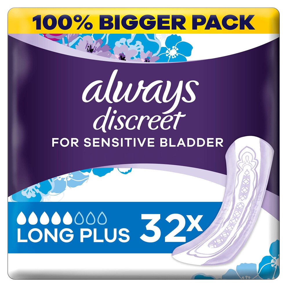 Always Discreet Incontinence Pads for Women, Long, 32 High Absorbency Pads