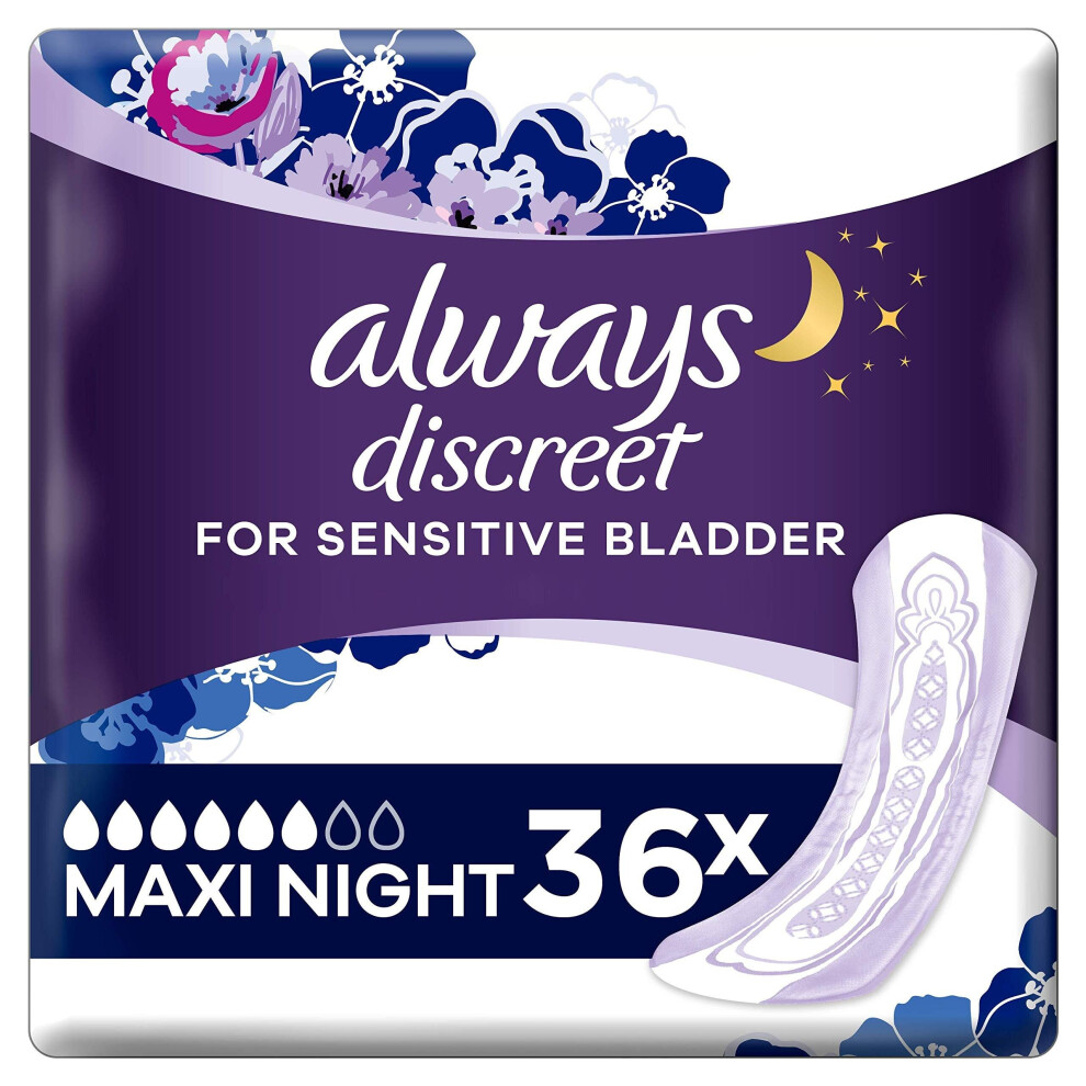 Always Discreet Incontinence Pads for Women, Maxi Night Pads, 36 Highest Absorbency Pads