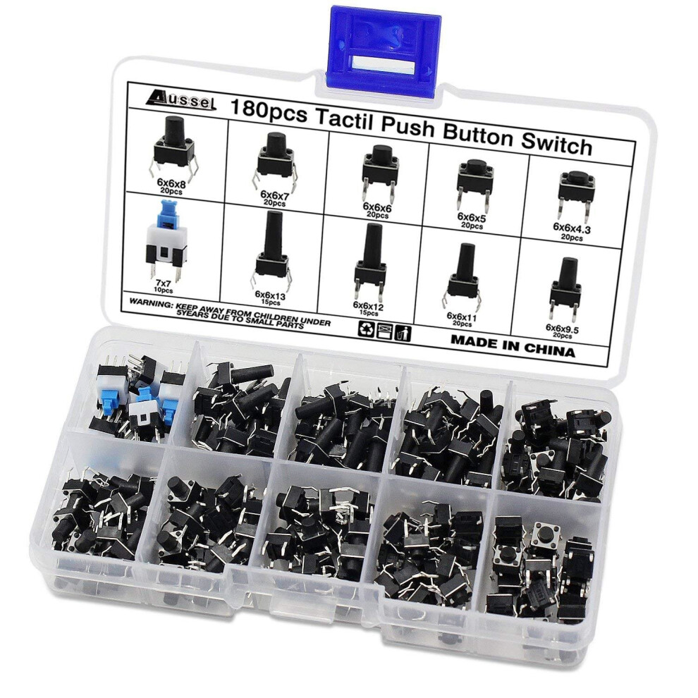 Aussel Tactile Push Button Switch Micro Momentary Tact Assortment Kit (180Pcs) 764276385116