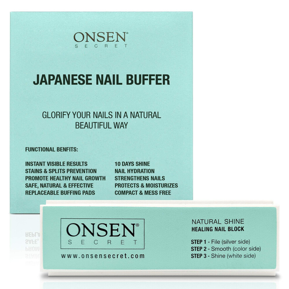 Onsen Nail Buffer Block, 3 Way Buffing - File, Smooth, Shine - Mini Natural Nail Polisher With 3 Sides - Coarse, Soft, Silky - Professional Nail Care, Whi
