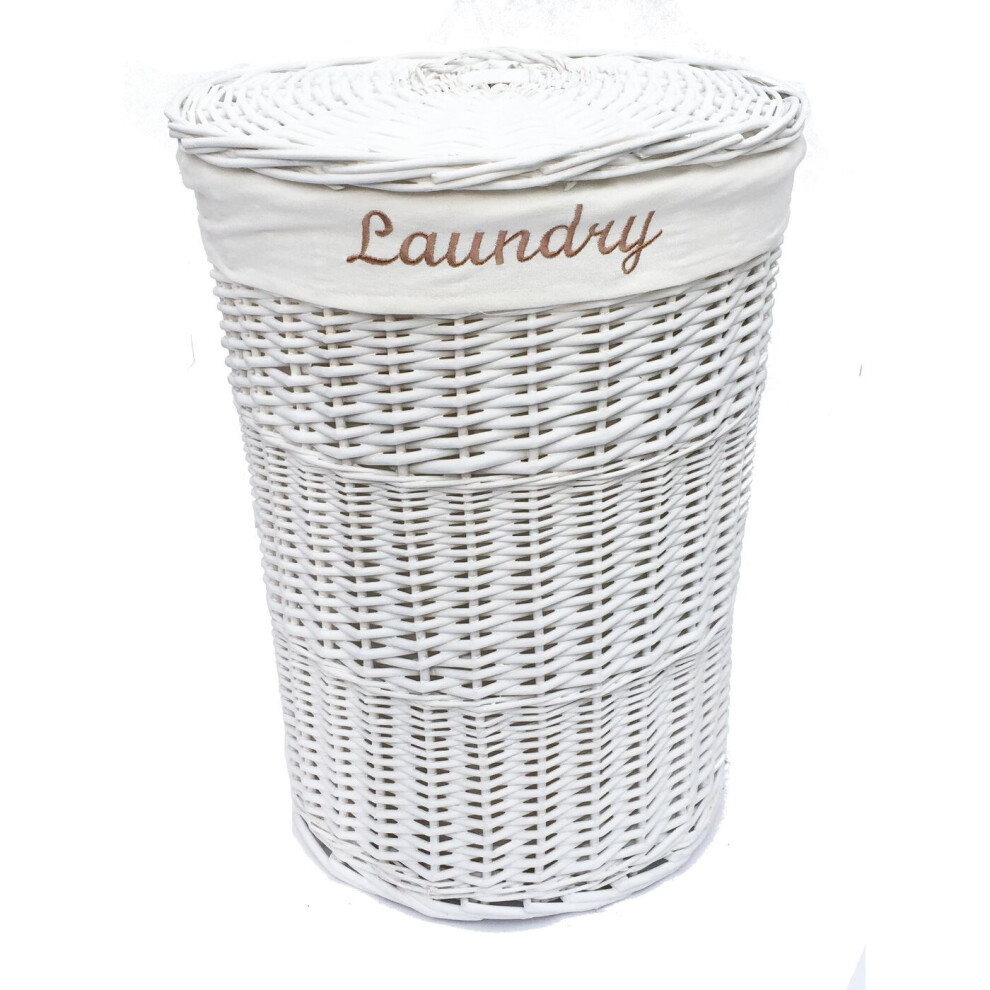 (White, MEDIUM) Wicker Round Laundry Basket With Lining