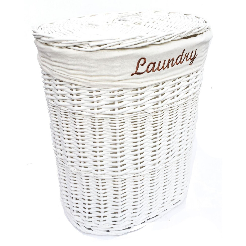 (WHITE, LARGE) Oval Wicker Laundry Basket + Lid & Cotton Lining