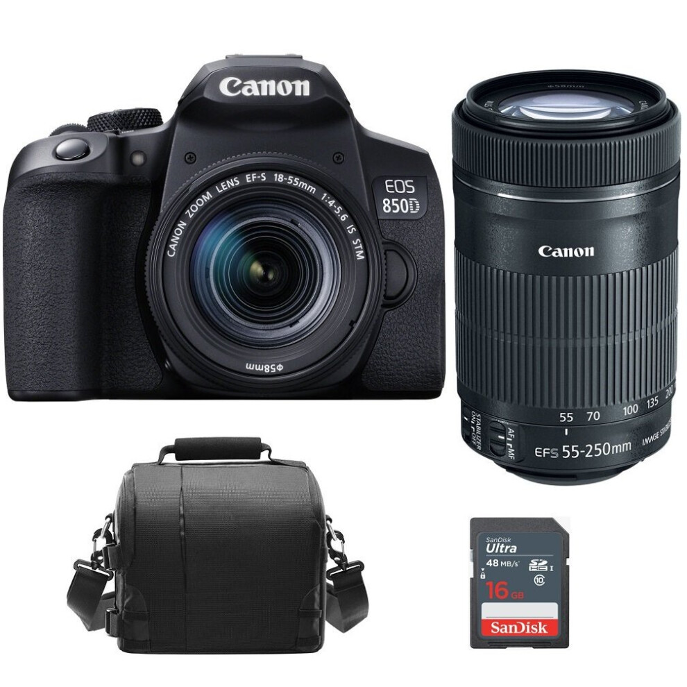 CANON EOS 850D KIT EF-S 18-55mm F4-5.6 IS STM Black + EF-S 55-250MM F4-5.6 IS STM + camera Bag + 16GB SD card