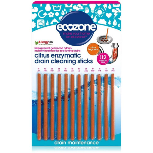 Ecozone Enzymatic Drain Cleaning Sticks Citrus Kitchen Bath-12 Sticks