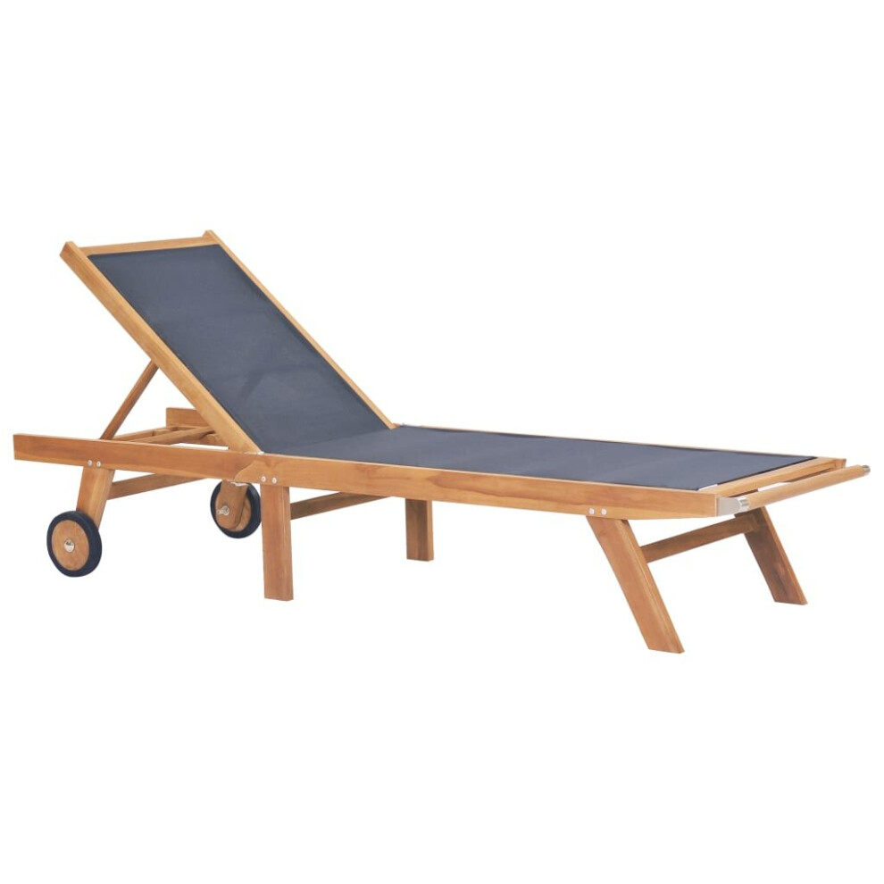 vidaXL Solid Teak and Textilene Folding Sunlounger with Wheels Outdoor Daybed