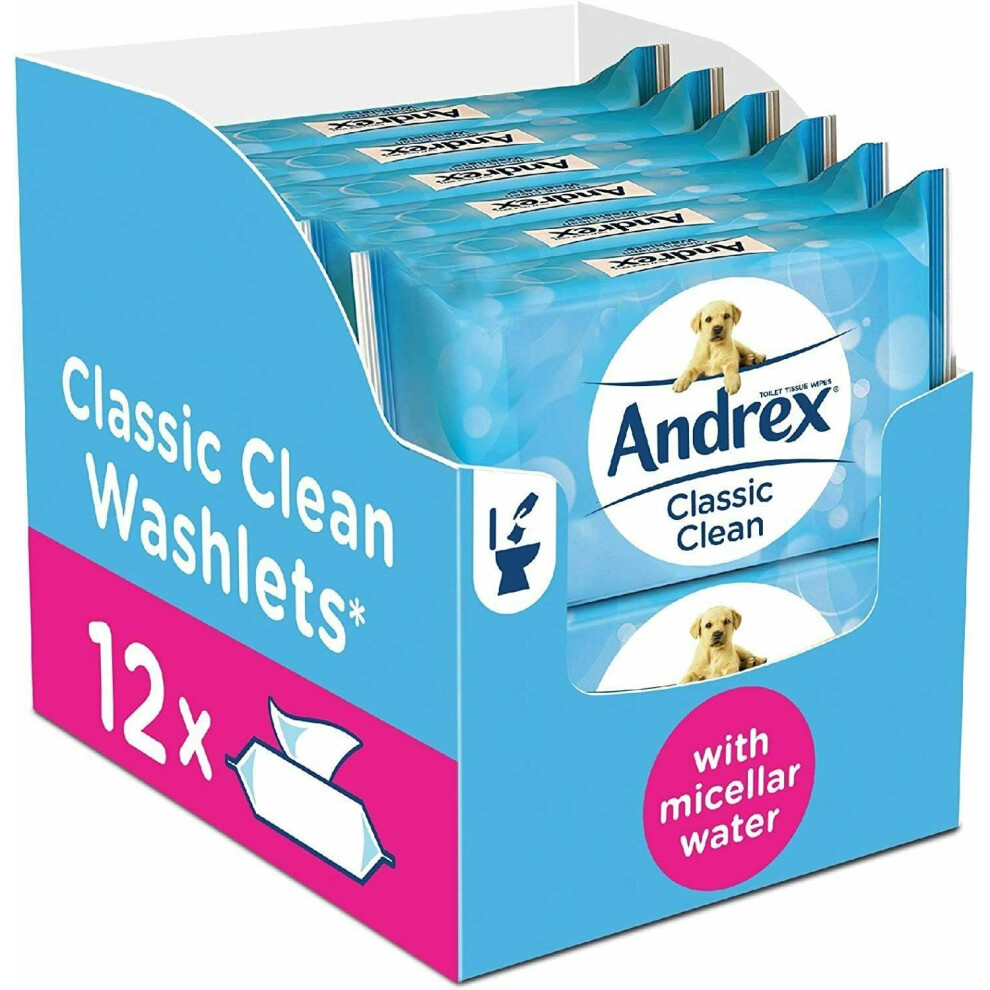 Andrex Classic Clean Washlets Moist Toilet Tissue, certified 'Fine to Flush', Plastic Free & Biodegradable, 12 packs