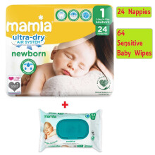 Mamia Newborn Nappies Size 1 (24 Nappies) + Free Baby Wipes | Ultra-Dry Air System, Wetness Indicator, Hypoallergenic