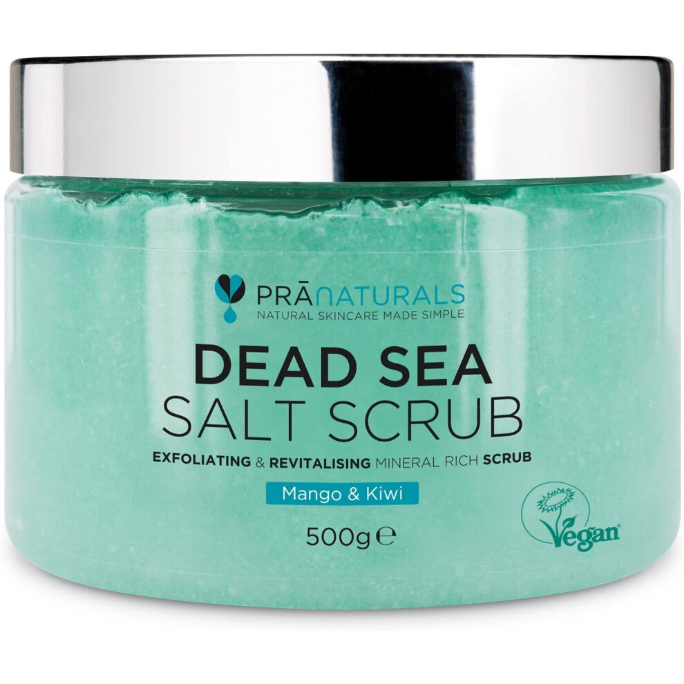 PraNaturals Revitalising Dead Sea Body Scrub 500g, 100% Organic Salt Scrub, Rich in Natural Minerals, Blended with Mango & Kiwi Fruit Oils