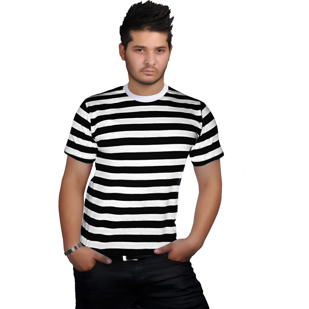 (2XL) Men Women Black White Stripe T-Shirt Robber Fancy Dress Top